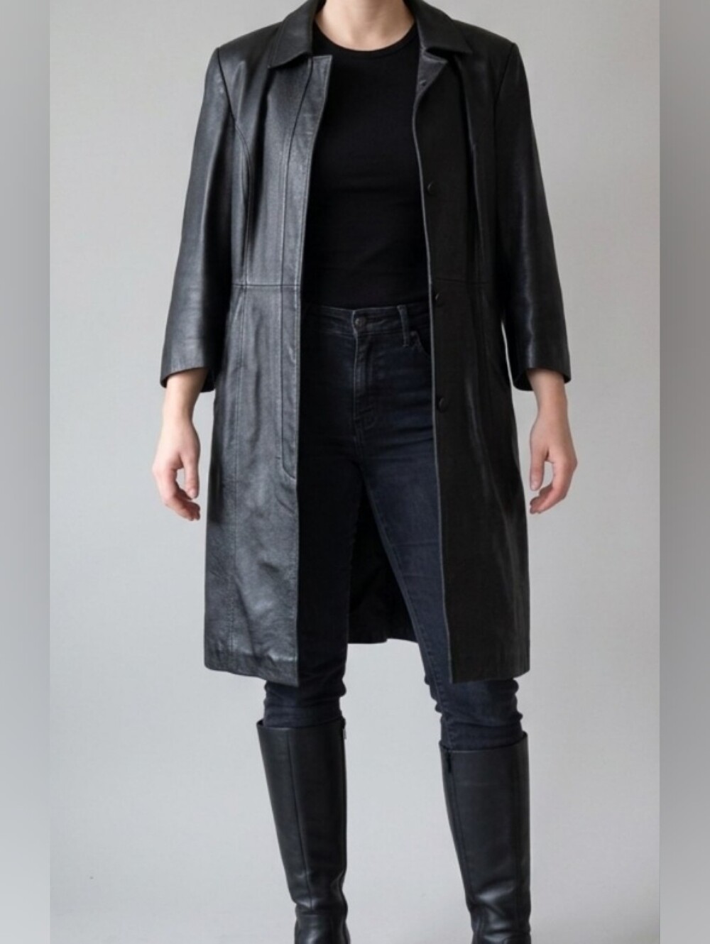 Vtg Long Leather Coat, Trench Coat